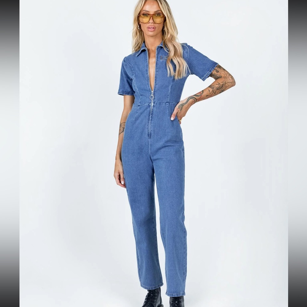 Princess Polly Blue Denim Short Sleeve Zip Front Jumpsuit